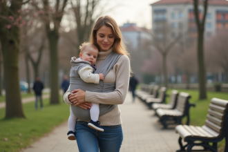 Jeune maman portant son bébé en porte-baille dans un parc urbain