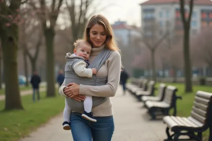 Jeune maman portant son bébé en porte-baille dans un parc urbain