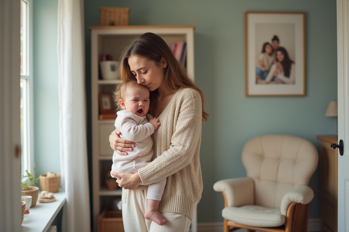 Maman berçant sa fille dans la nursery chaleureuse