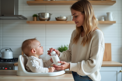 Jeune maman préparant un biberon dans la cuisine lumineuse