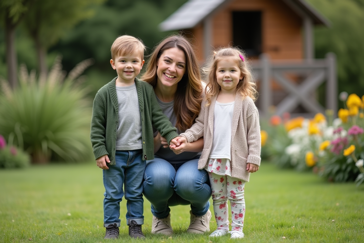 Maman jouant avec ses enfants dans un jardin fleuri