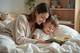 Maman lit une histoire à son enfant dans la chambre