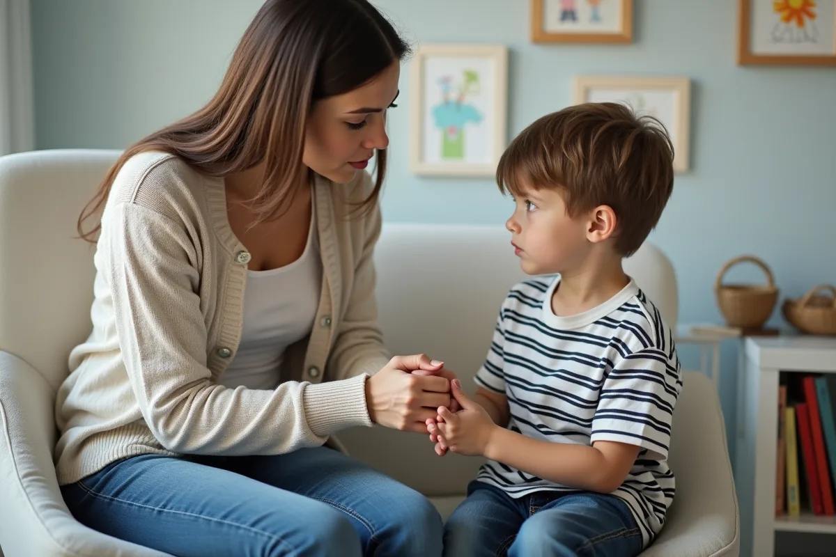 Maman inquiète avec son fils en consultation pediatrique