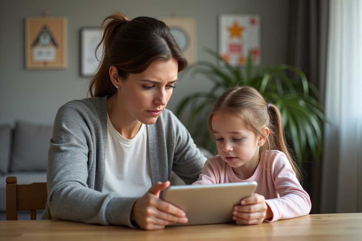 Maman et sa fille de 8 ans regardant une tablette ensemble