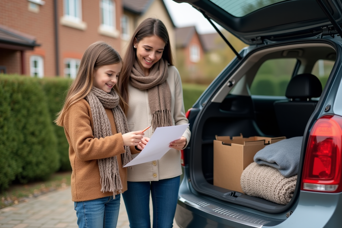 Maman et sa fille vérifiant une liste près de la voiture