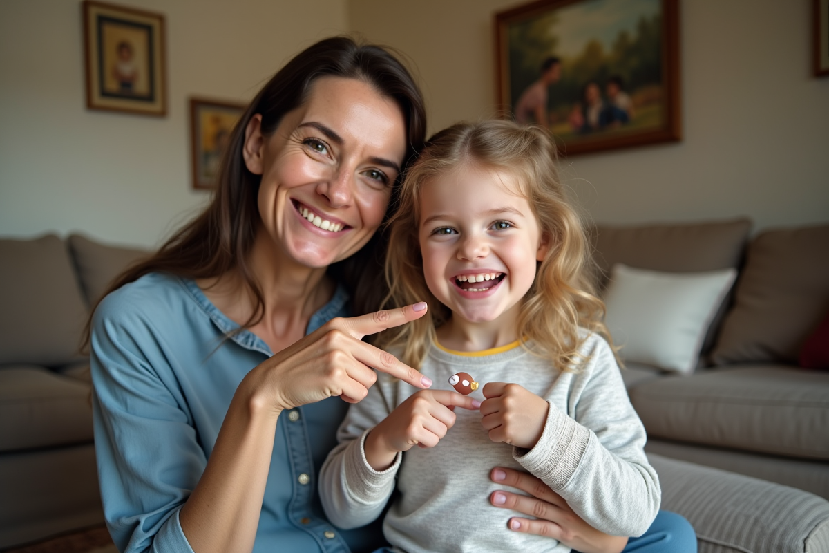 Maman et fille montrant une dent de lait qui bouge
