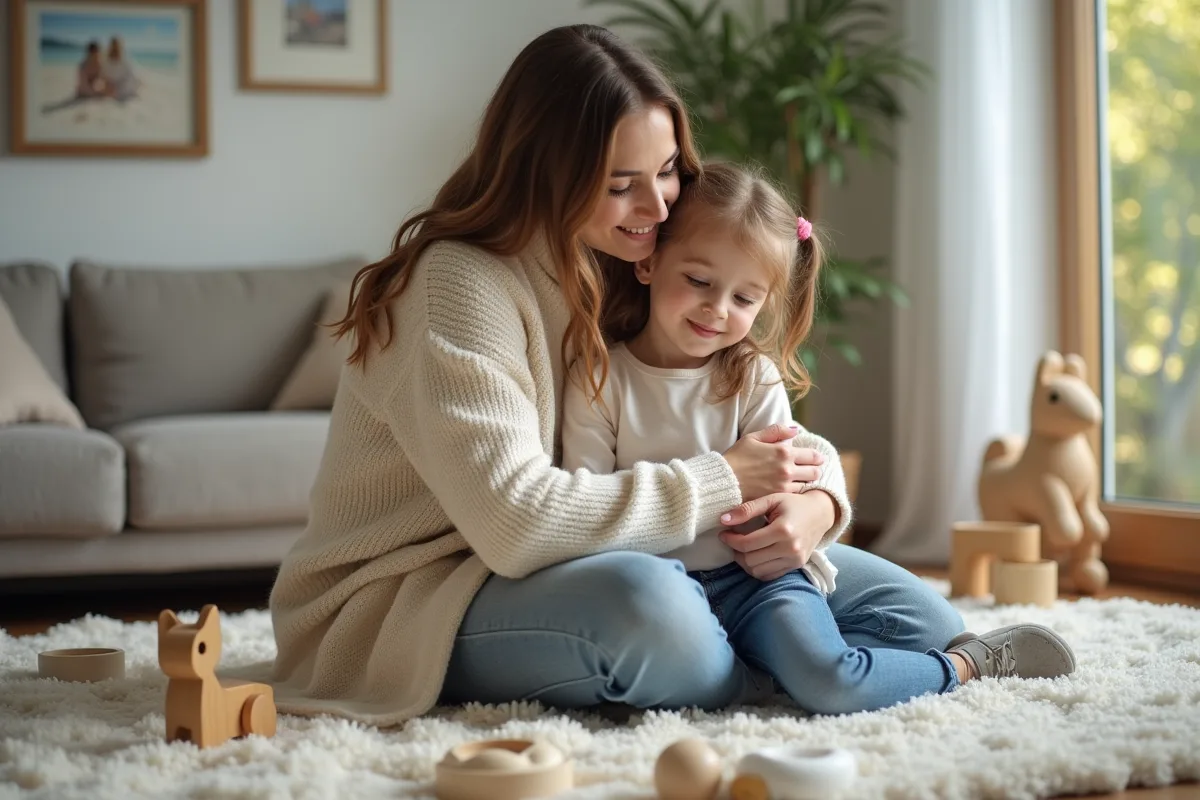 Maman et fille souriantes dans un intérieur chaleureux