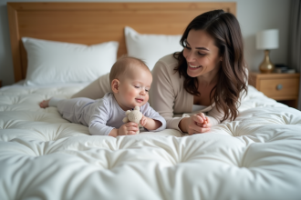 Mère et bébé endormis dans une chambre moderne