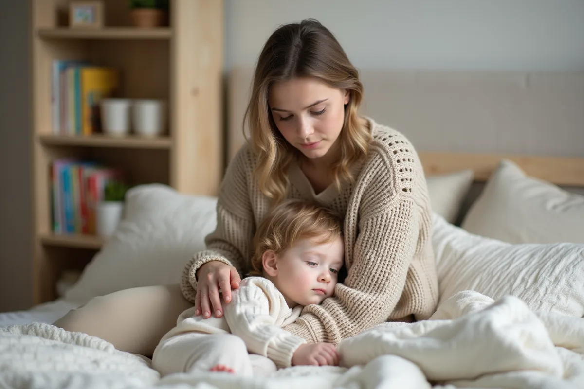 Mère rassurante avec son enfant dans la chambre