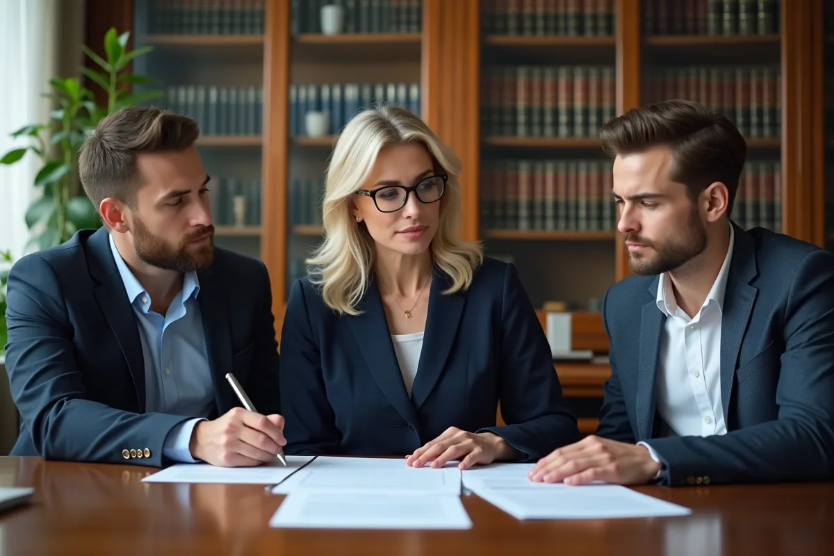 Notaire guidant un couple séparé dans un bureau professionnel