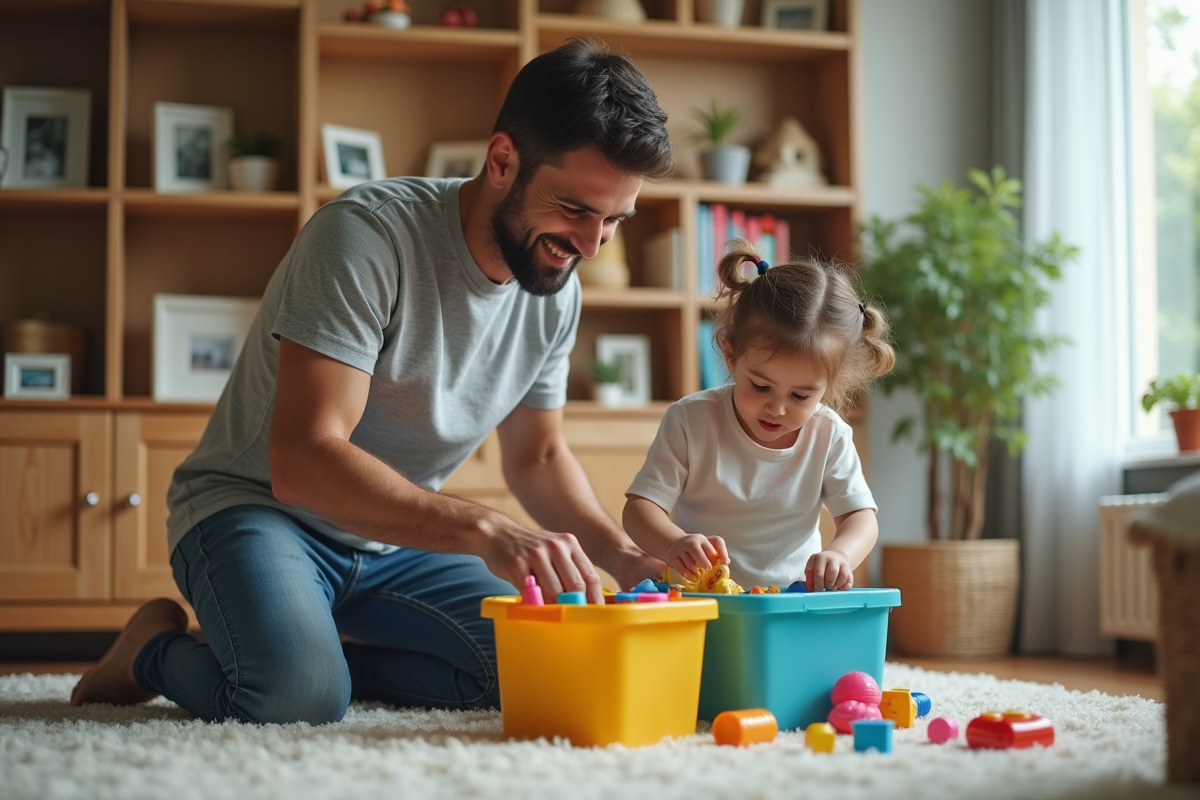Père aidant sa fille à trier des jouets dans le salon