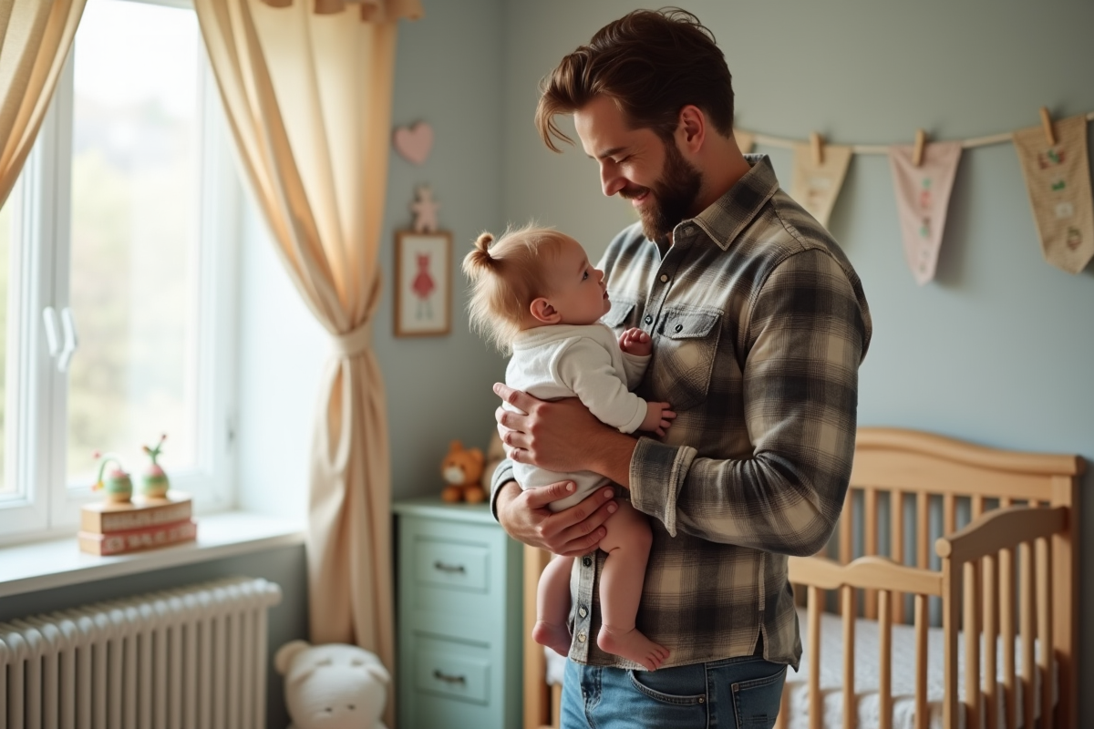Père tenant sa fille dans une nurserie lumineuse