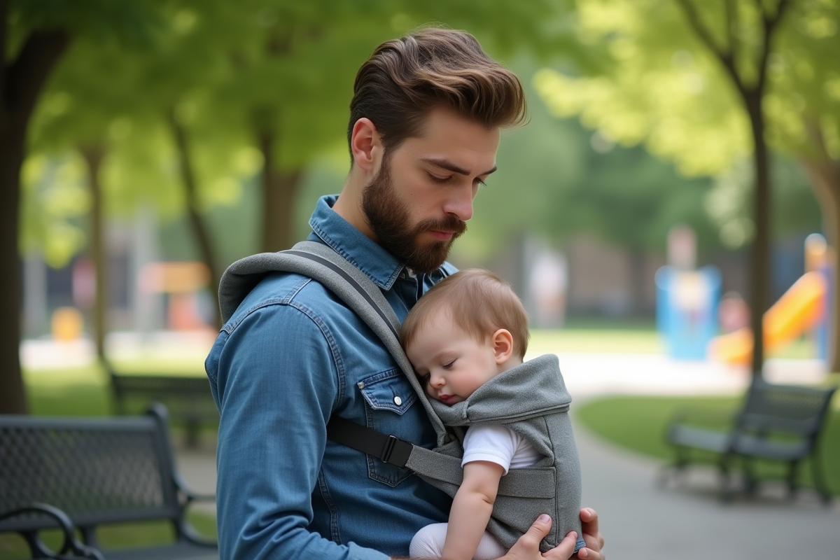 Père avec bébé dans un porte-bébé en plein air dans un parc
