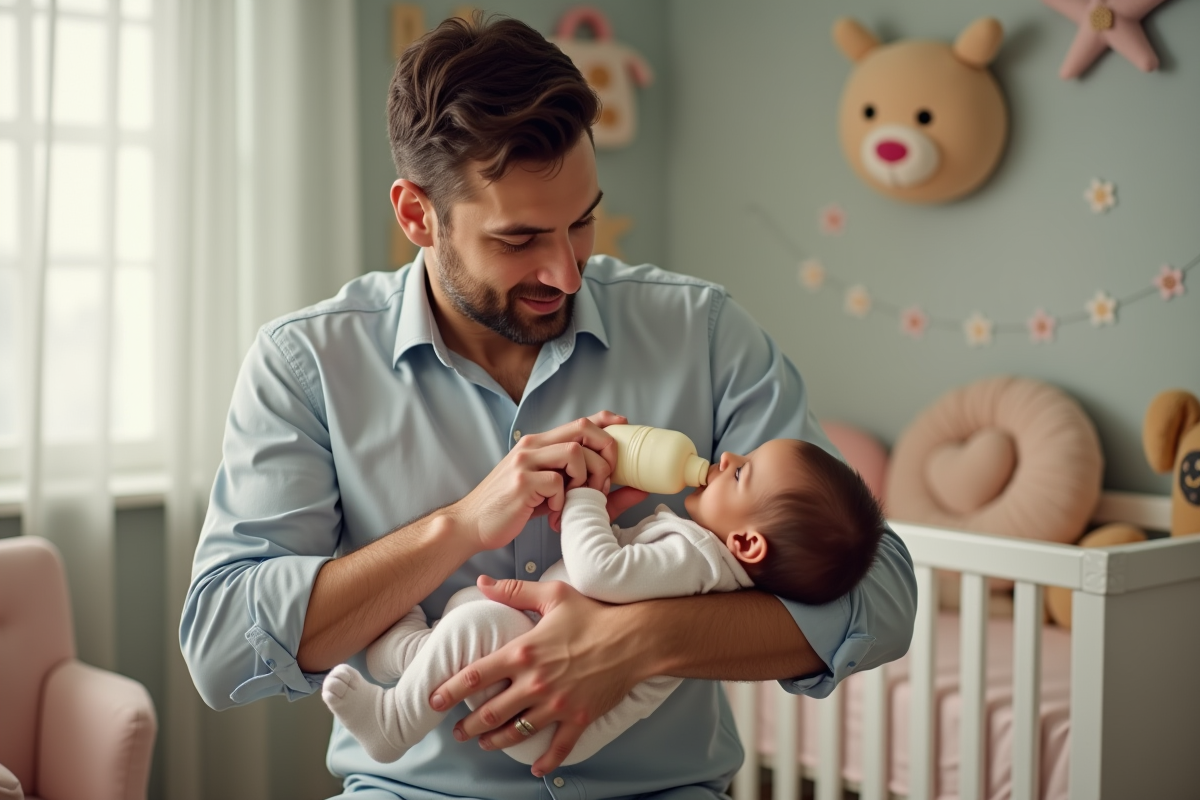 Père donnant le biberon à sa fille dans la nurserie douce
