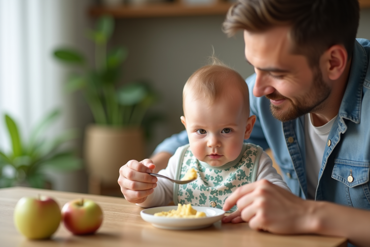 Papa donne puree de pomme a son bebe dans la salle a manger
