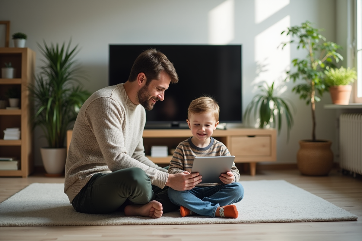 Père réglant un minuteur pour son fils dans le salon