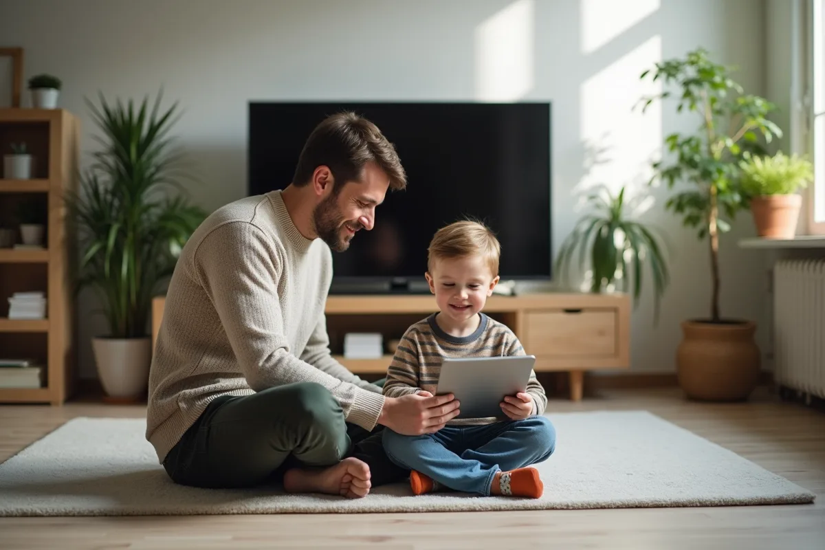 Père réglant un minuteur pour son fils dans le salon
