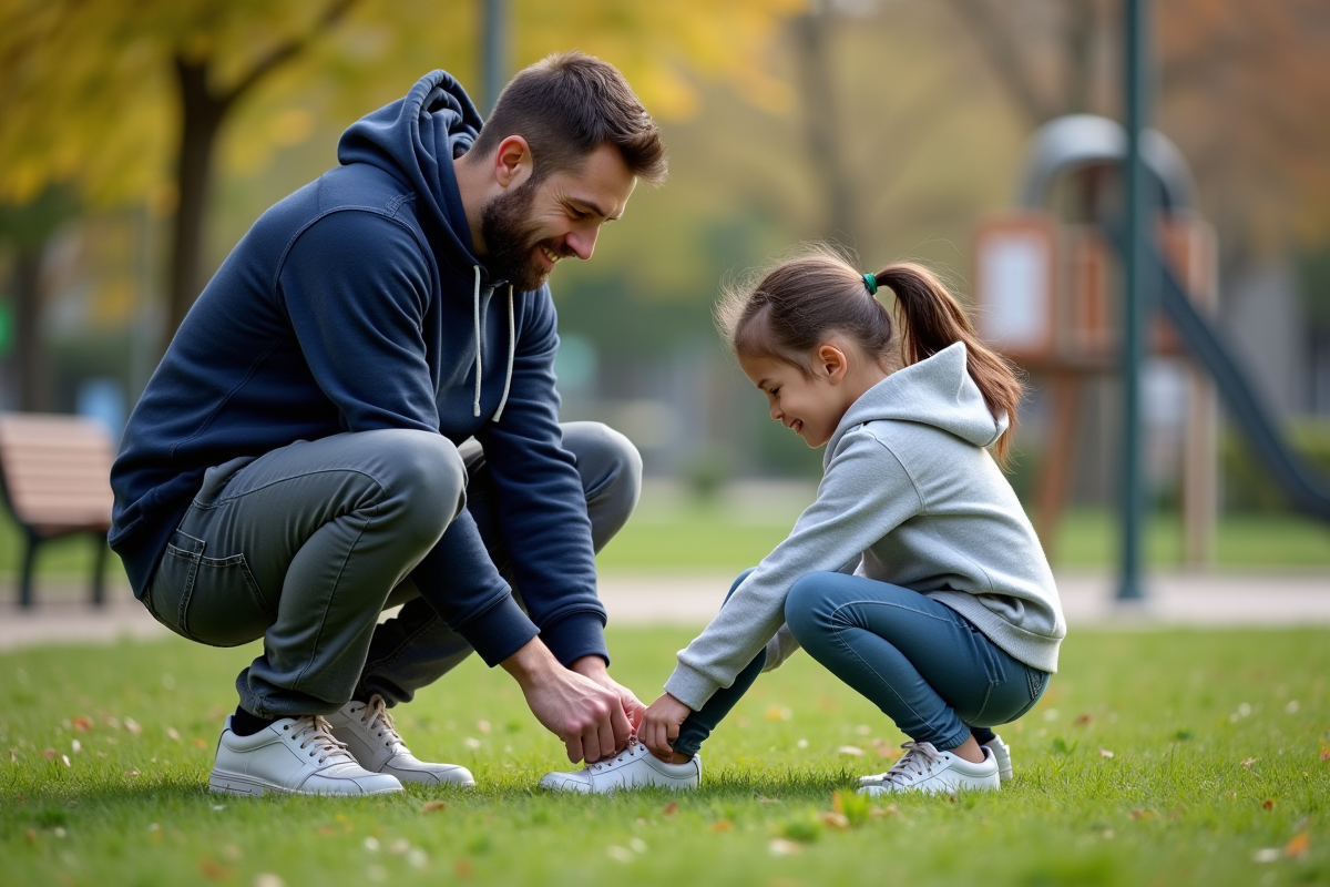 Père et fille dans un parc en train de lacer ses chaussures
