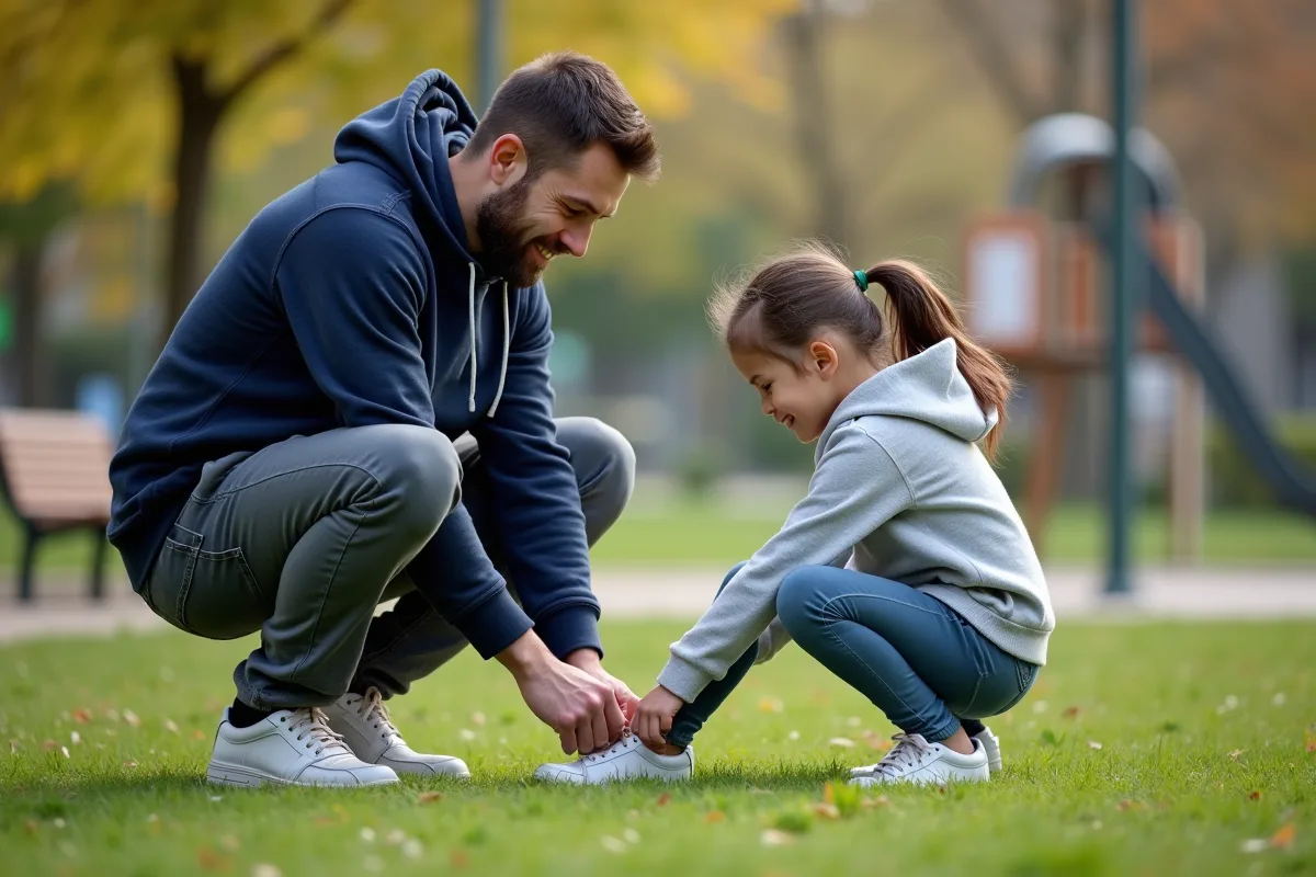 Père et fille dans un parc en train de lacer ses chaussures