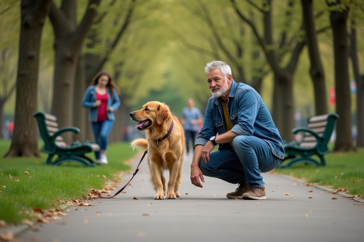 Père et fille marchent avec un chien dans un parc urbain verdoyant