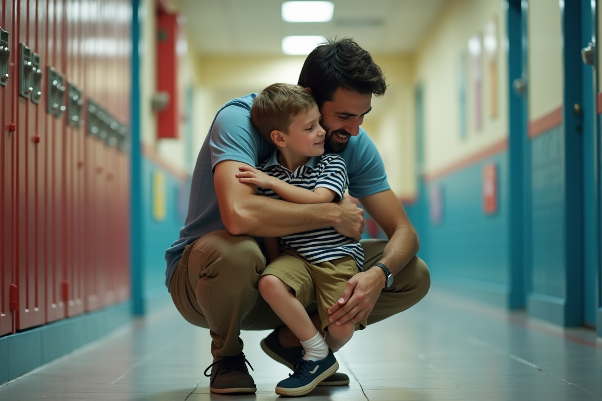 Père réconforte son fils en pleurs dans le couloir