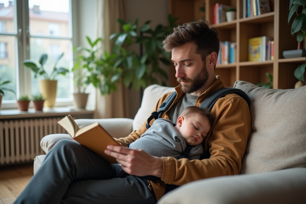 Papa lisant un guide pédiatrique avec son bébé endormi à la maison