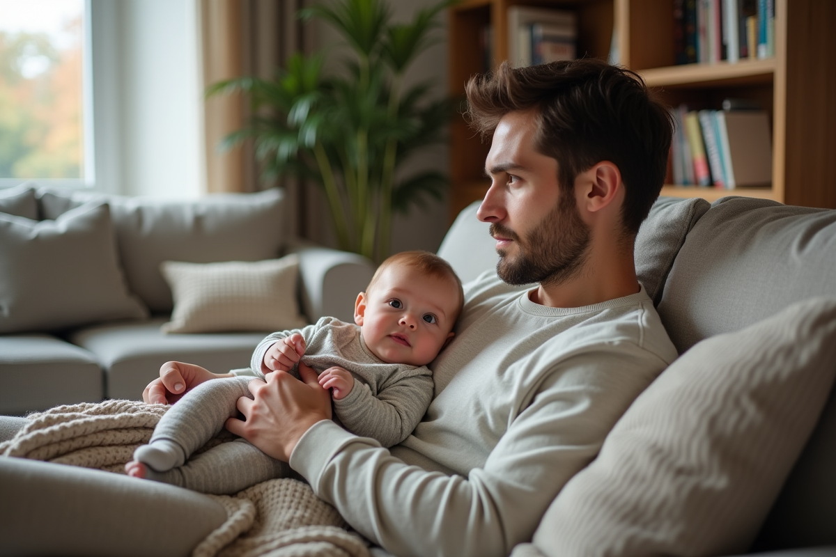 Père surveillant son bébé dans le salon chaleureux
