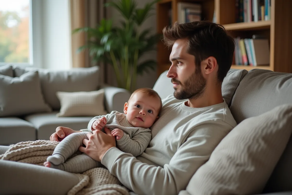 Père surveillant son bébé dans le salon chaleureux