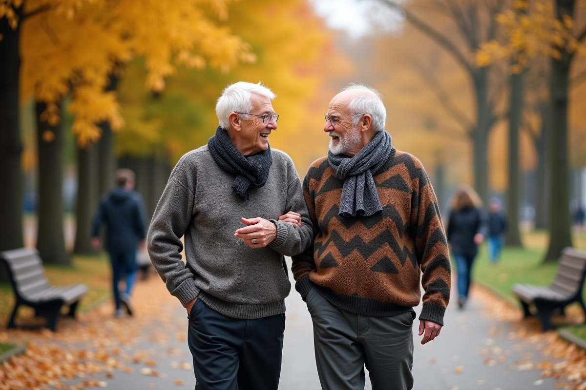Deux hommes âgés marchant dans un parc en automne
