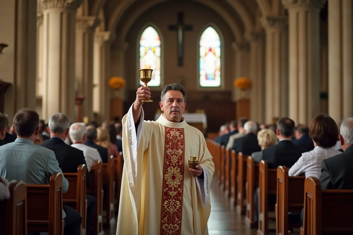 Prêtre catholique lors de la messe avec calice dans une église ancienne