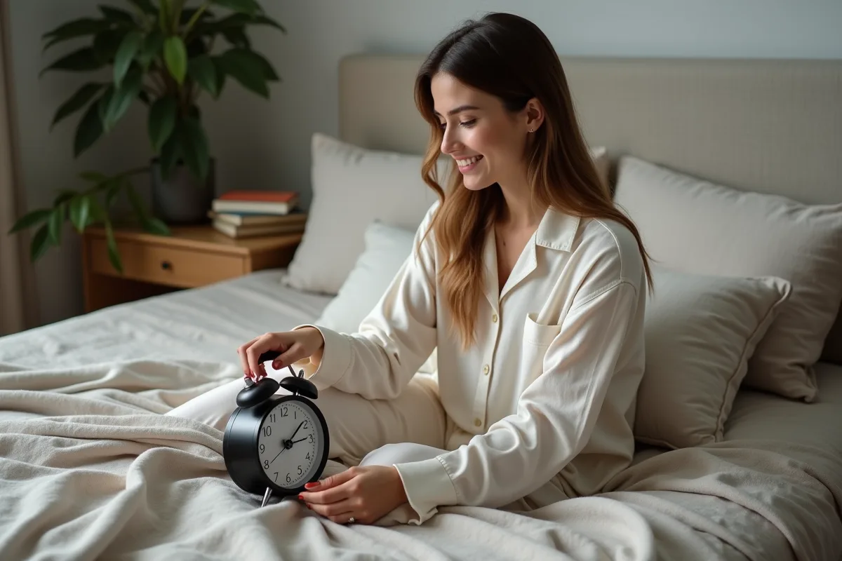 Jeune femme réglant un réveil classique dans une chambre chaleureuse